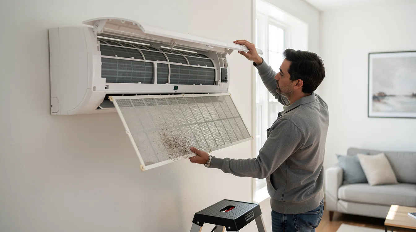 A homeowner is seen cleaning the filter of a wall-mounted mini split indoor unit, which is part of a ductless mini split system. This energy-efficient heating and cooling solution is ideal for tiny homes, providing both hot and cold air without the need for space-consuming ductwork.