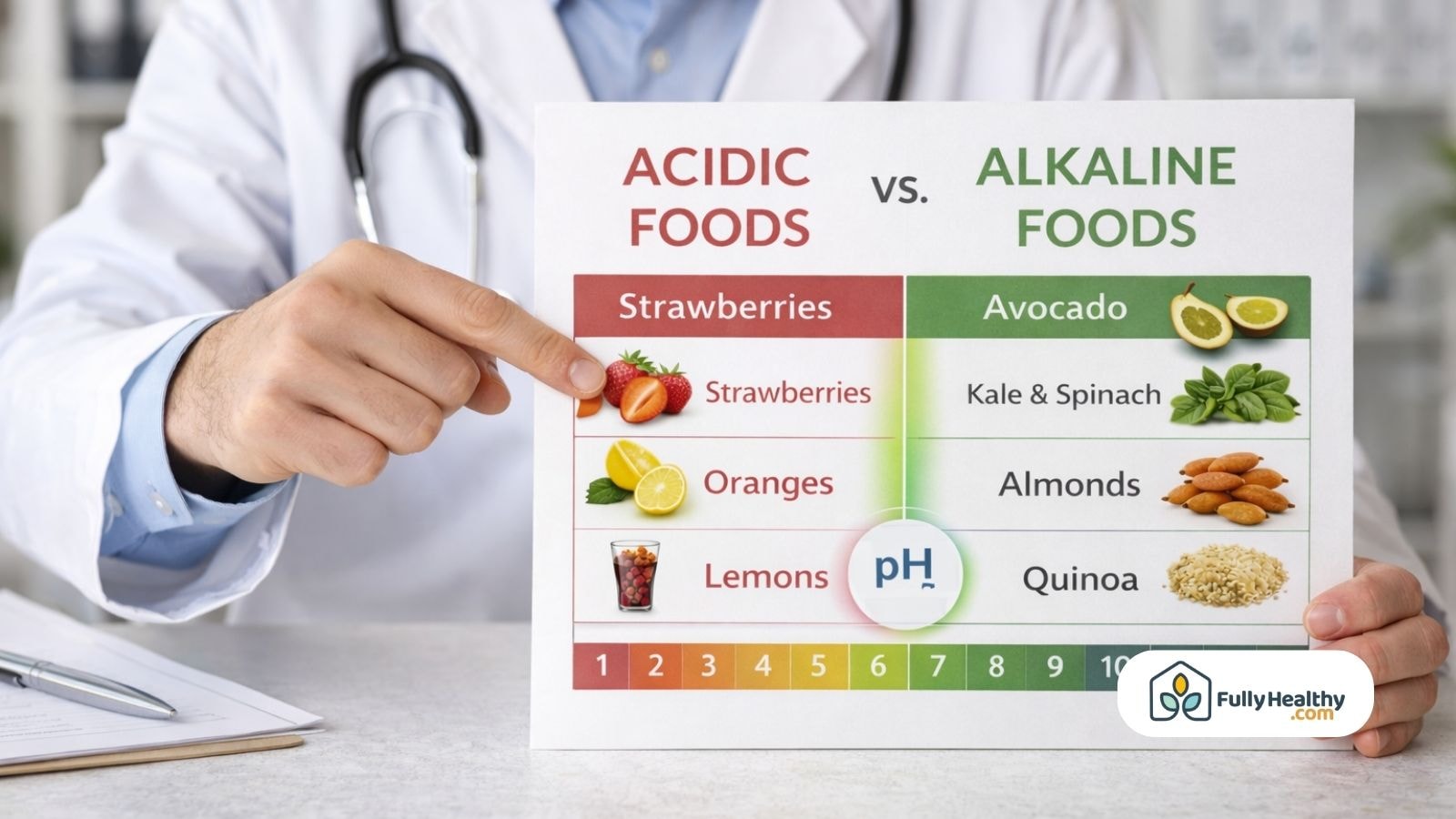 Doctor pointing to food chart of acidic and alkaline categories