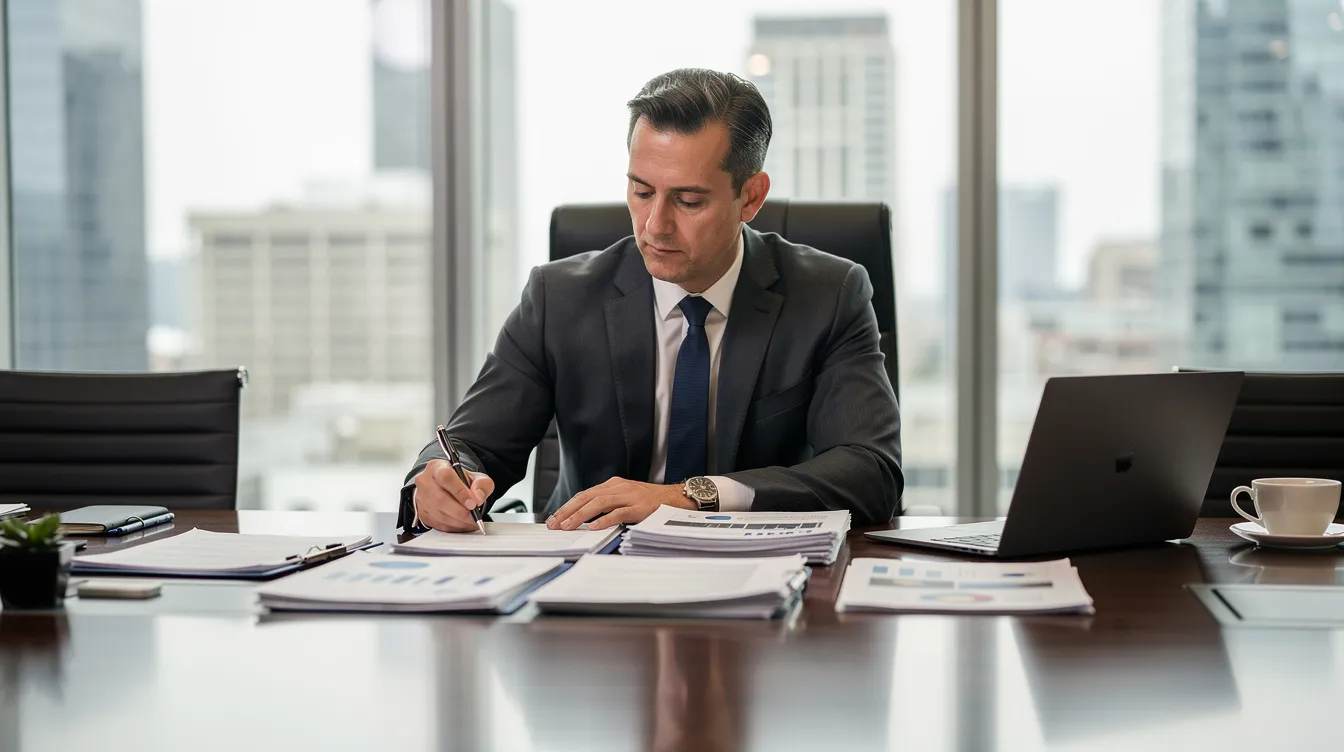 A business owner is seated at a conference table, intently reviewing a stack of legal documents with a pen in hand, likely related to commercial lending transactions or loan agreements. The setting suggests a focus on sophisticated financing transactions, as the owner prepares to negotiate terms with institutional lenders or corporate clients.