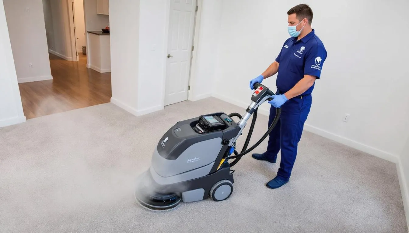 A pet odor treatment specialist is using professional equipment to treat a carpet, focusing on eliminating persistent pet odors and other unpleasant smells. The technician is engaged in the odor removal process to ensure a clean and fresh indoor environment.