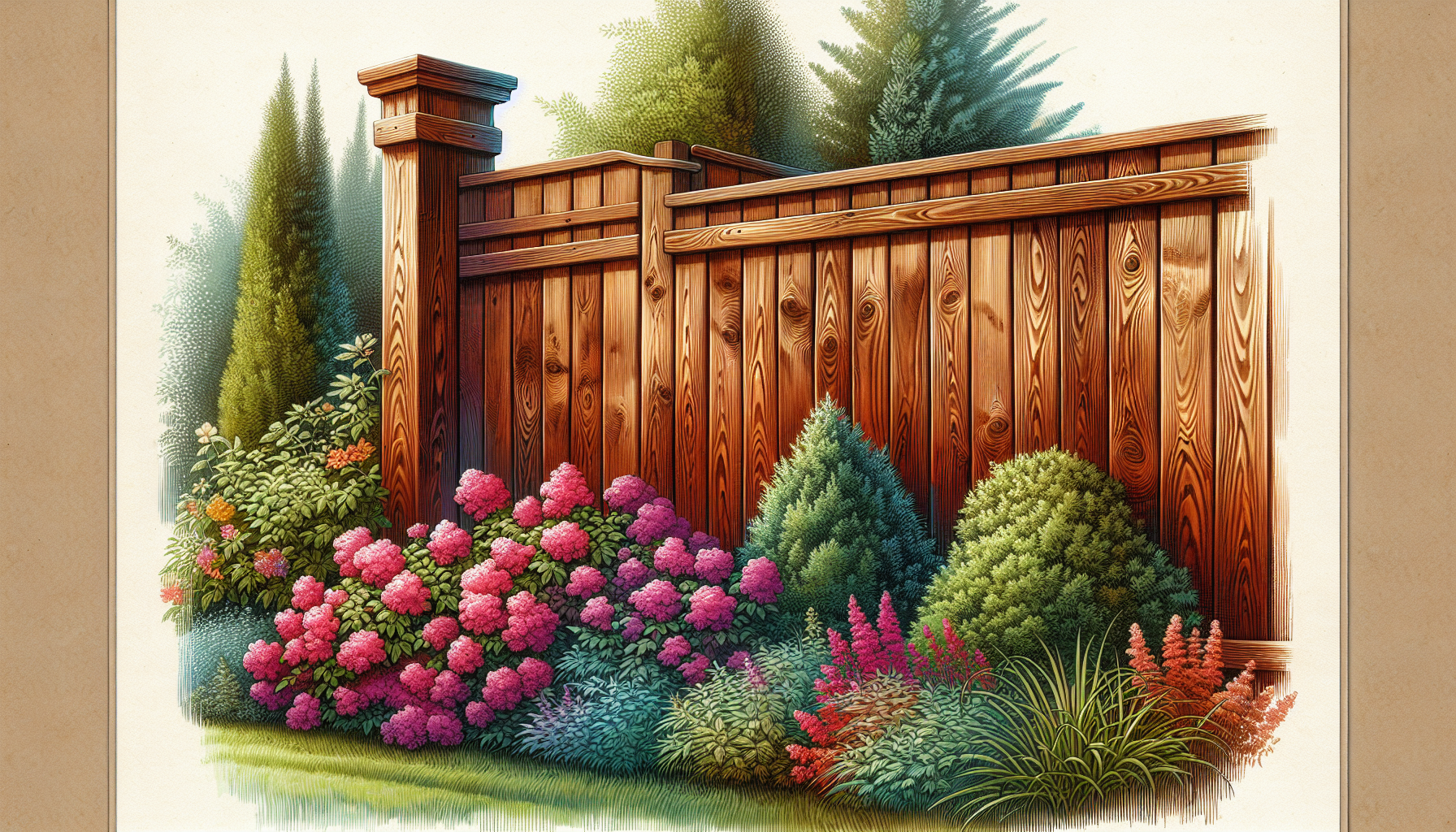 A beautifully stained wooden fence in a garden setting