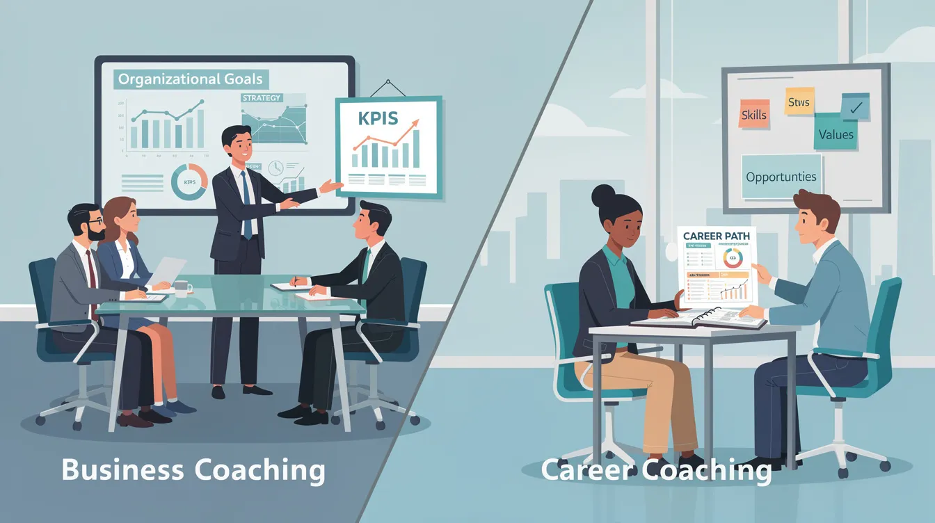 The image depicts a business coaching session where a coach is engaging with clients in a collaborative environment, focusing on aligning their goals with organizational strategies. This setting emphasizes the different coaching styles, including leadership and career coaching, highlighting the importance of professional growth and self-awareness in the coaching process.