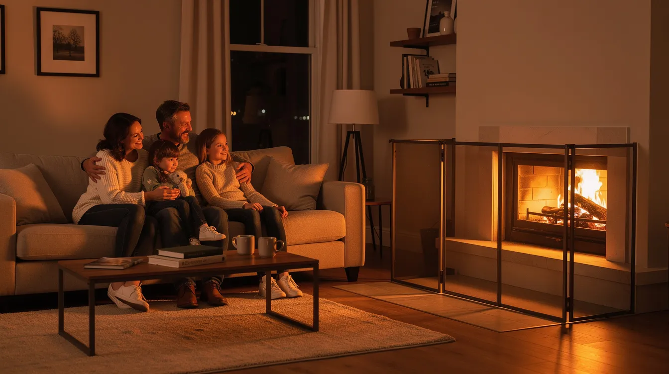 A family sits comfortably on a couch, maintaining a safe distance from a lit fireplace protected by a screen, emphasizing fireplace safety. The cozy scene highlights the warmth of the fire while ensuring that children and pets are secure from any potential hazards.