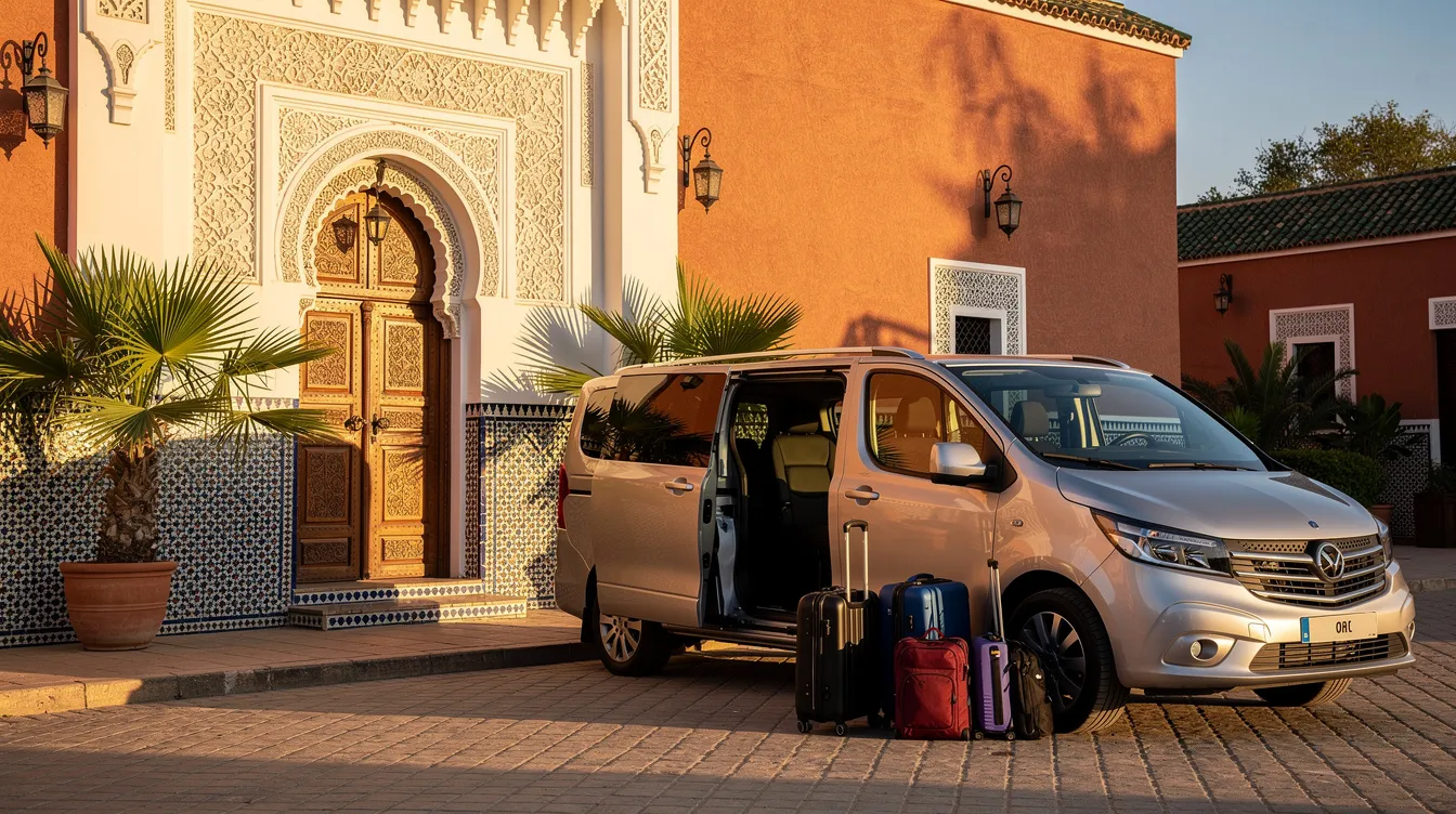 A comfortable private minivan is parked near the entrance of a Moroccan riad, with luggage placed beside it, indicating a convenient airport transfer for travelers arriving at Marrakech Menara Airport. The scene suggests a stress-free journey, perfect for those looking to explore the vibrant city of Marrakech.