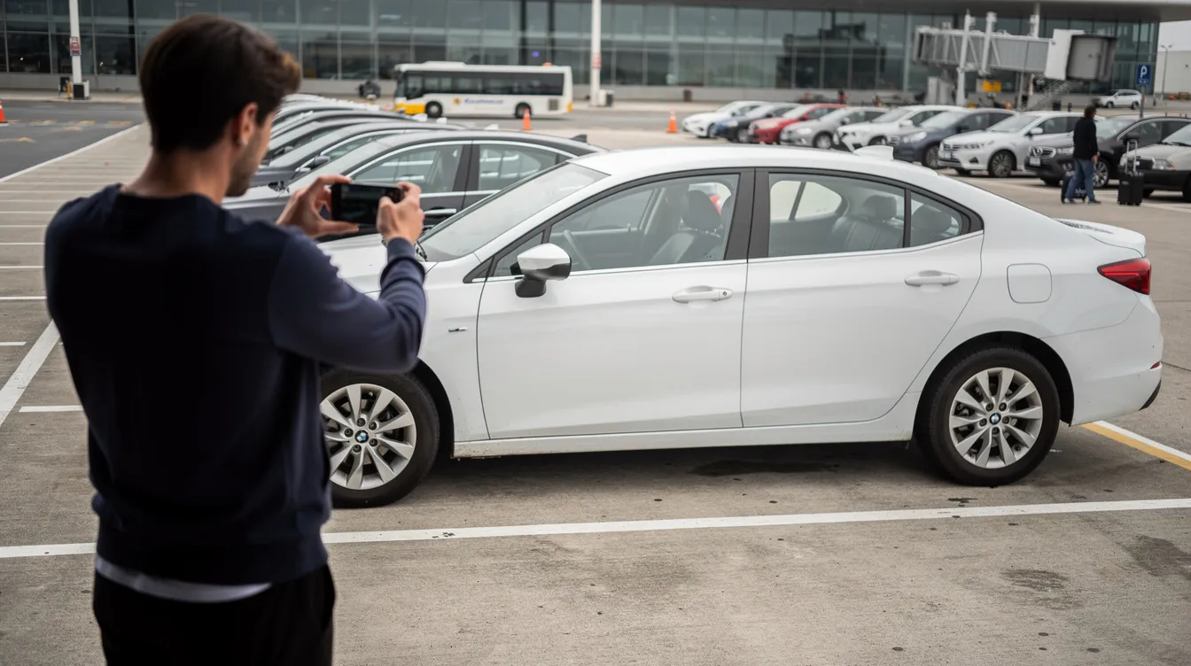 A person is capturing a photograph of the side of a white rental car parked in an airport parking area, highlighting the vehicle's sleek design and the surrounding airport environment. This scene reflects the convenience of car rental services available at airport locations for travelers.