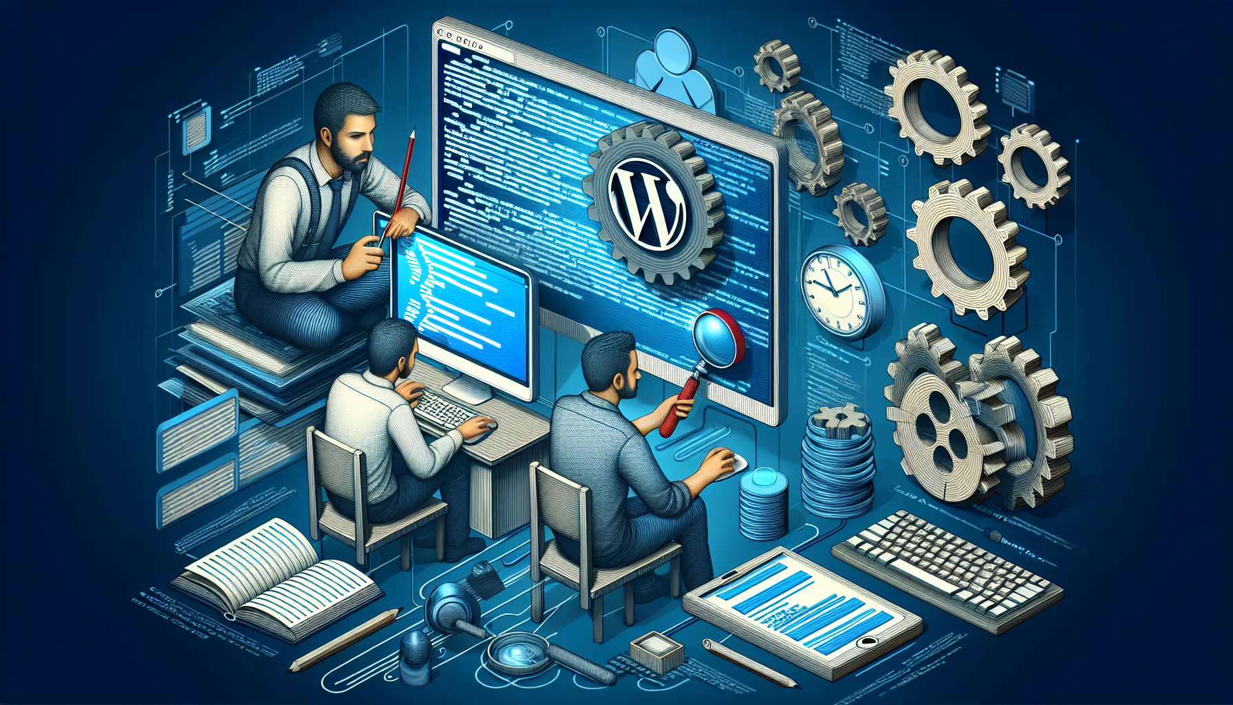 Illustration of a website maintenance team performing updates