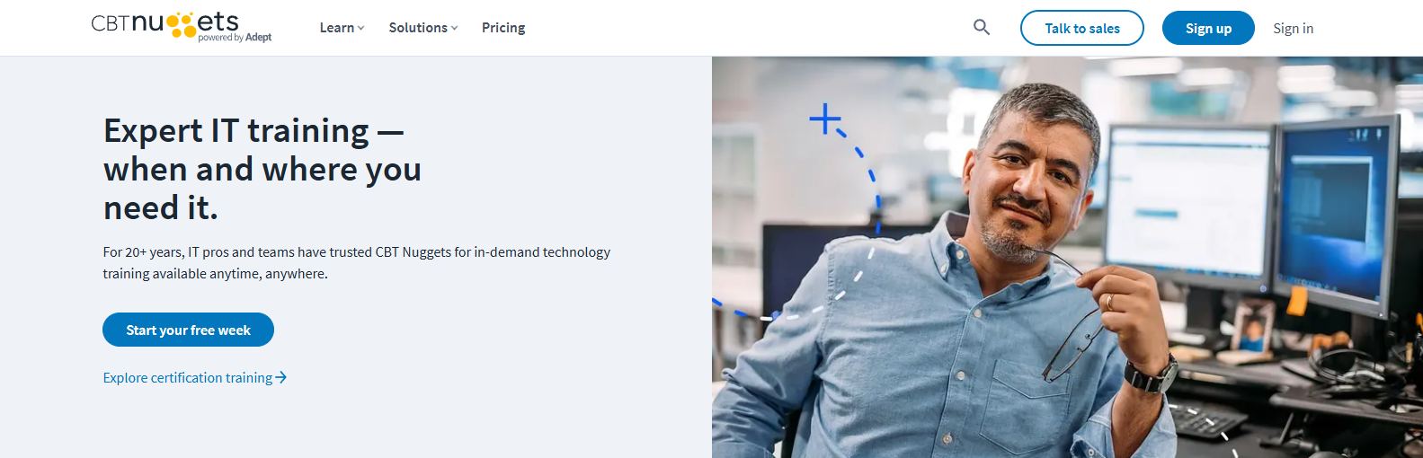 CBT Nuggets IT training platform homepage featuring online technology courses, certification training, and hands-on learning resources, a practical Skytap alternative for technical education.