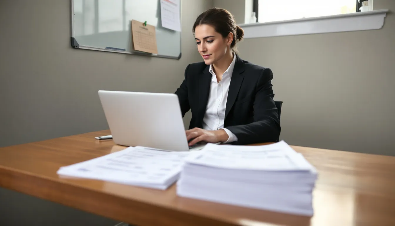 A restaurant manager is seated at a desk, reviewing daily cash reconciliation and food cost reports using accounting software, ensuring accurate financial records for the business. The scene reflects the importance of bookkeeping for small businesses, as the manager analyzes financial statements to maintain the business's financial health.