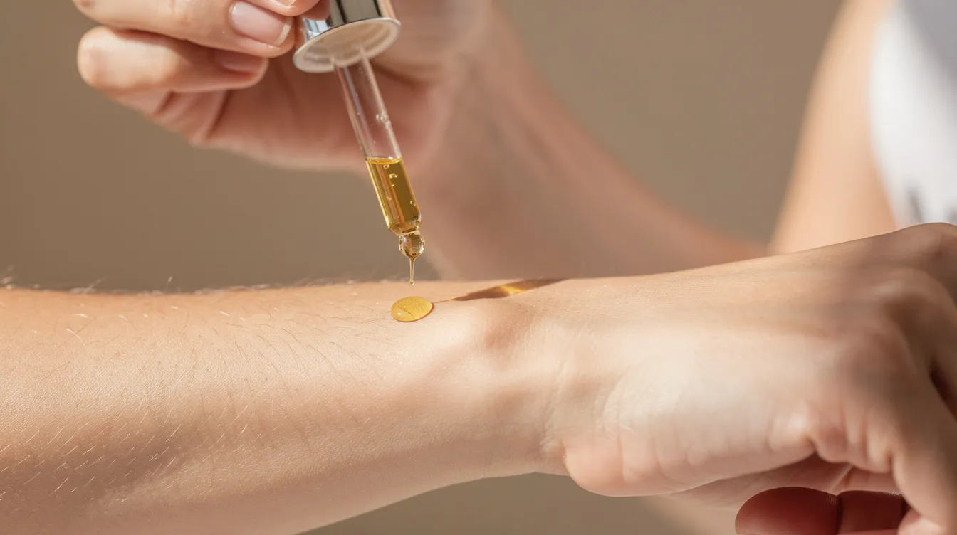A person is applying a small amount of lavender essential oil to their inner forearm for a patch test, checking for any allergic reactions or skin irritation. This practice is part of holistic aromatherapy, ensuring the purity and safety of certain oils before use.
