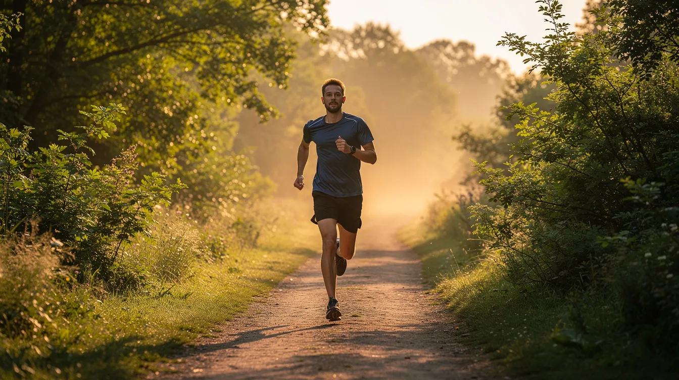 A person jogs along a nature trail at sunrise, surrounded by trees that create a serene backdrop. This scene highlights the importance of regular physical activity in promoting healthy ageing and enhancing overall well-being.
