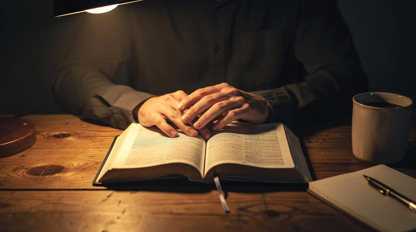 A person is sitting at a wooden desk, illuminated by warm light, deeply engaged in reading a Bible, suggesting a moment of thoughtful study about religious beliefs and the teachings of Jesus. The serene atmosphere evokes a sense of reflection on the narratives found in the New Testament, including the complexities of political power during the time of Herod Antipas and the Roman Empire.