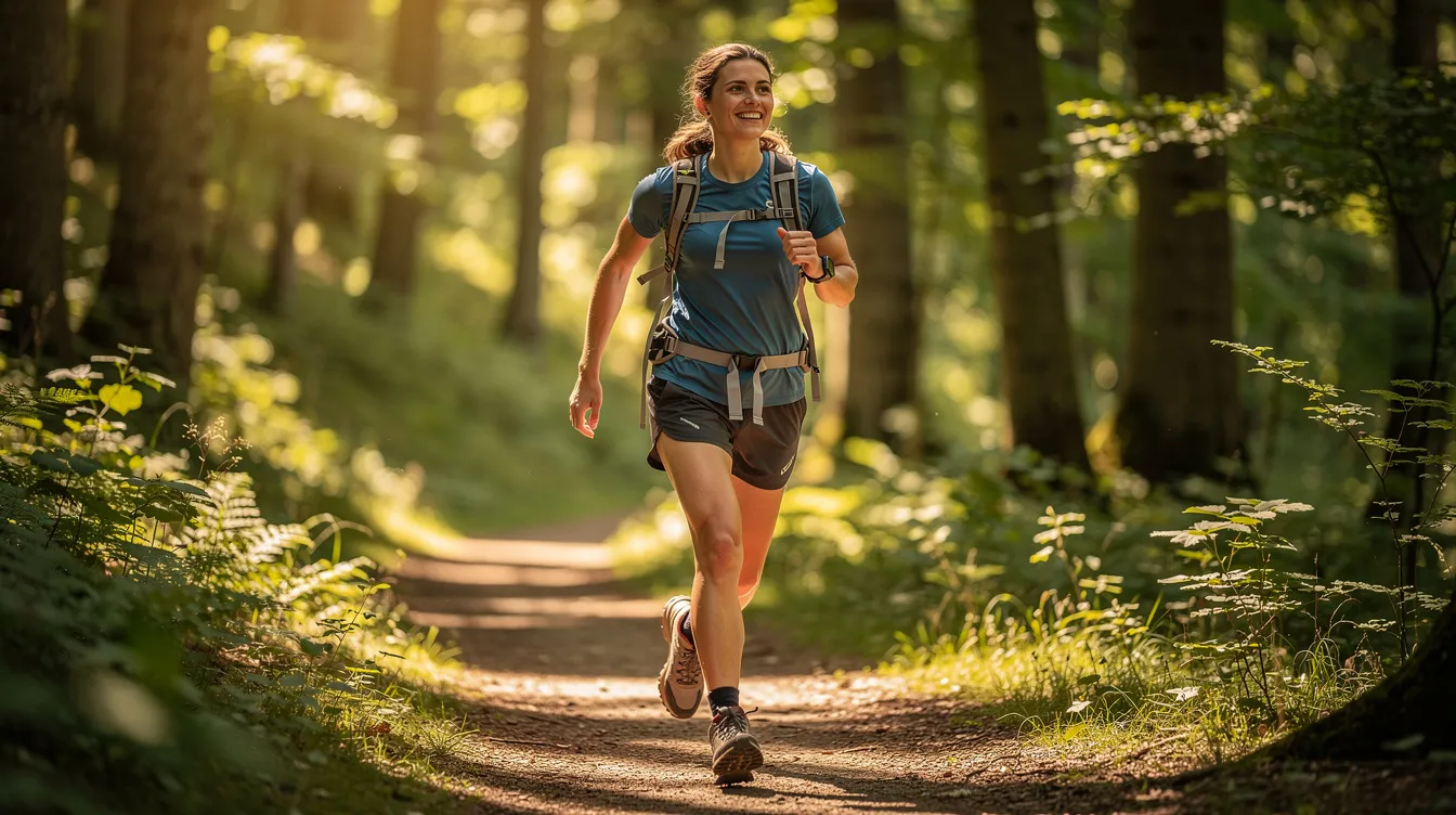 A person is energetically hiking along a sunny forest trail, surrounded by lush greenery, showcasing a healthy lifestyle. This image reflects the vitality often sought through natural remedies like reishi mushrooms, known for their potential health benefits, including immune system support and cardiovascular health.