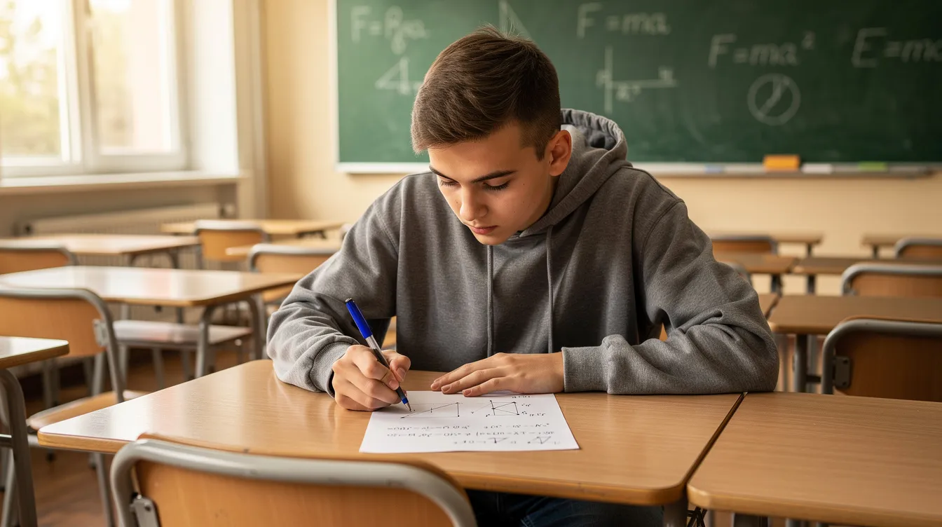 Na obrazku widać nastolatka siedzącego przy biurku w klasie, który pisze sprawdzian z fizyki dotyczący magnetyzmu na kartce papieru. W tle znajdują się inne biurka oraz uczniowie, którzy również pracują nad swoimi testami.