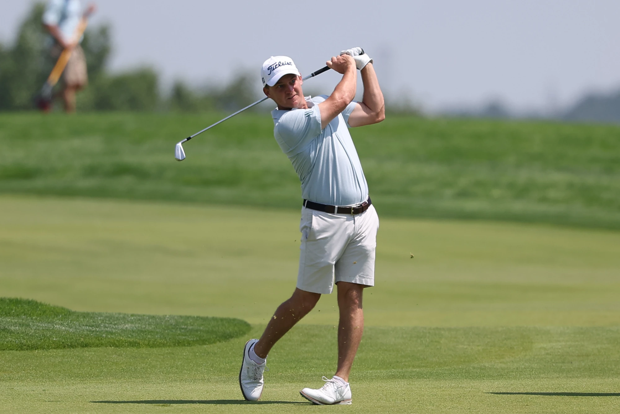 Jun 11, 2025; Oakmont, Pennsylvania, USA; Bud Cauley plays a shot on the 18th hole during a practice round for the U.S. Open golf tournament at Oakmont Country Club.