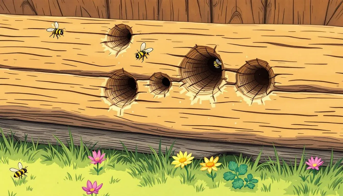 A wooden structure showing signs of carpenter bee infestation.