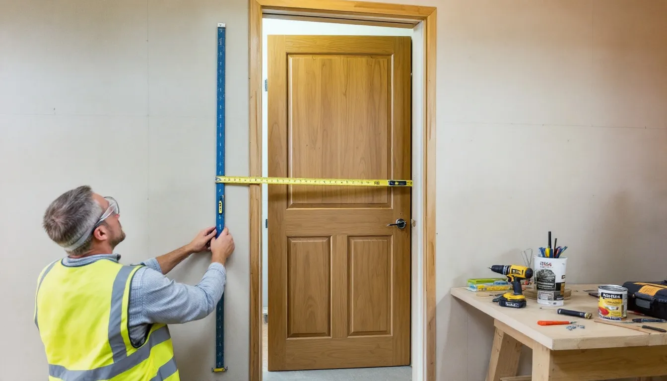 A door being hung in an existing frame, illustrating the process of how to hang a door in an existing frame.