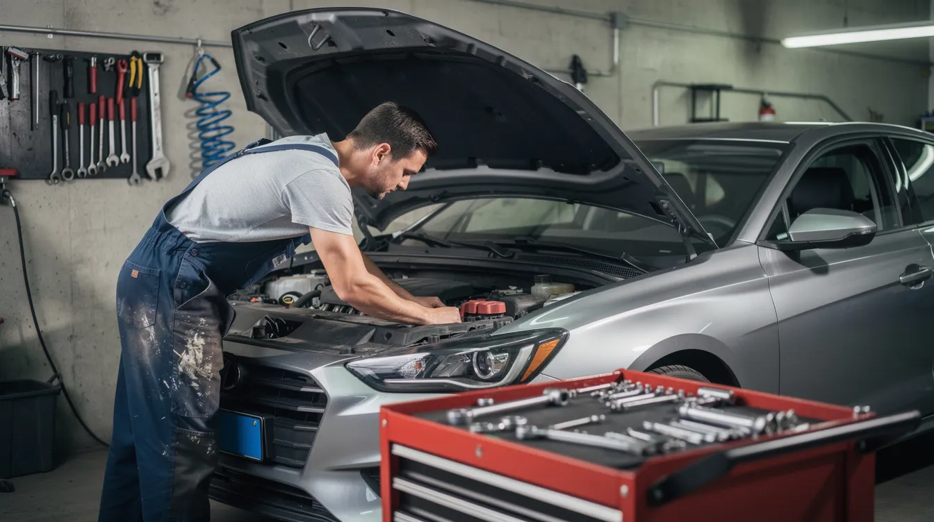 Un mécanicien est penché sous le capot d'une voiture dans un garage, en train de vérifier le moteur. L'image illustre une prise en charge attentive du véhicule, soulignant l'importance des réparations pour éviter des erreurs de carburant et d'autres problèmes mécaniques.