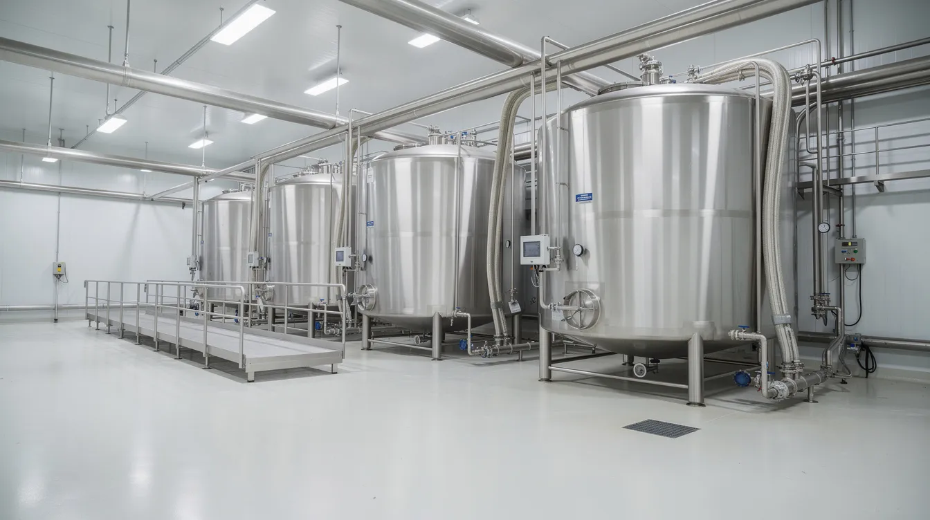 The image shows large insulated stainless steel storage tanks inside a modern dairy processing facility, designed for the efficient storage of raw materials like incoming cream and anhydrous milk fat (AMF). These tanks are essential for maintaining consistent quality and optimal storage temperature in the dairy industry, particularly for products such as butter and vegetable oils.