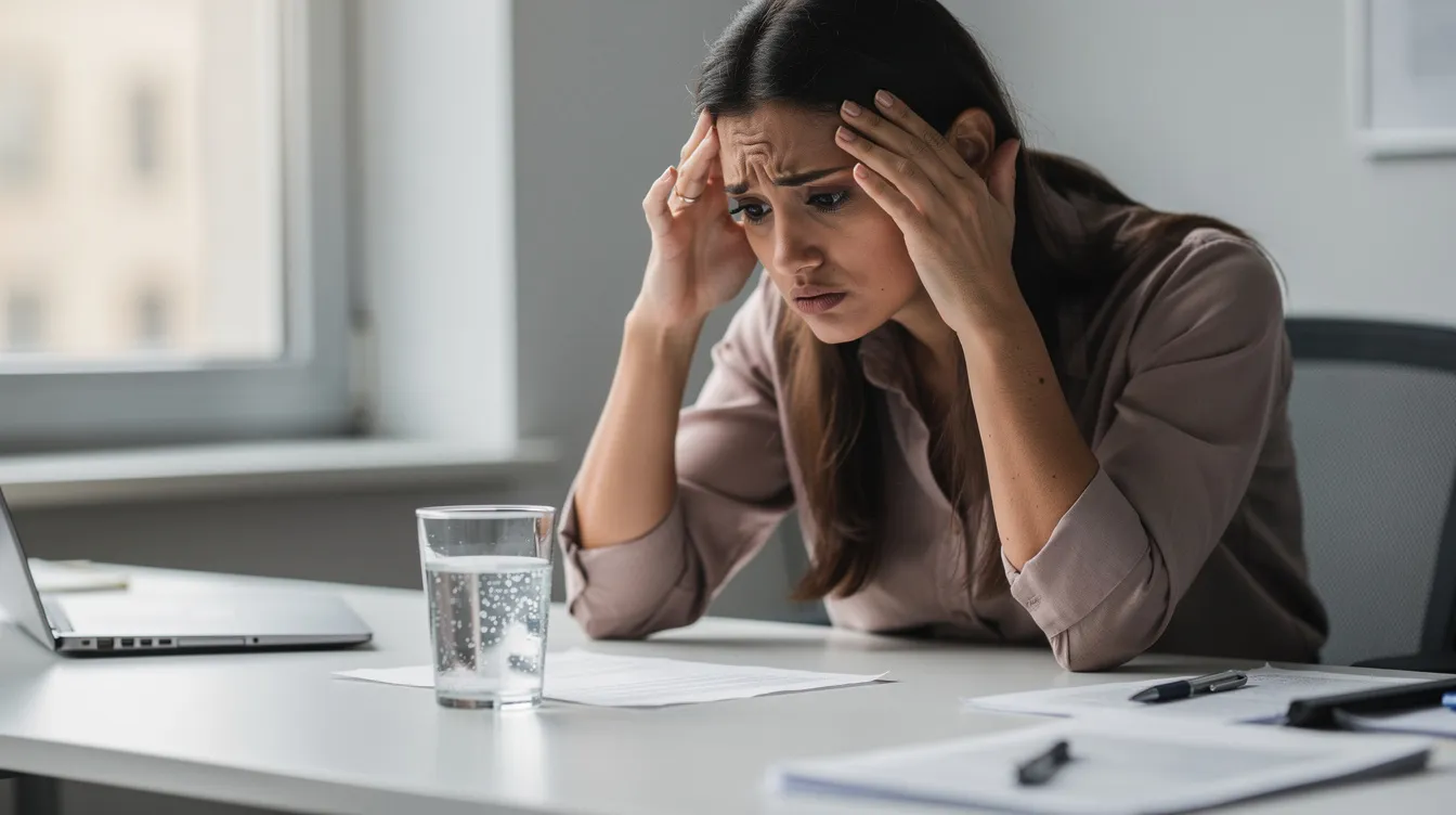 Une femme épuisée est assise à son bureau, se massant les tempes avec un verre d'eau devant elle, illustrant les symptômes d'une migraine potentiellement liée à des fluctuations hormonales ou à son cycle menstruel. Son expression fatiguée témoigne des maux de tête qui peuvent survenir pendant l'ovulation ou avant les règles.