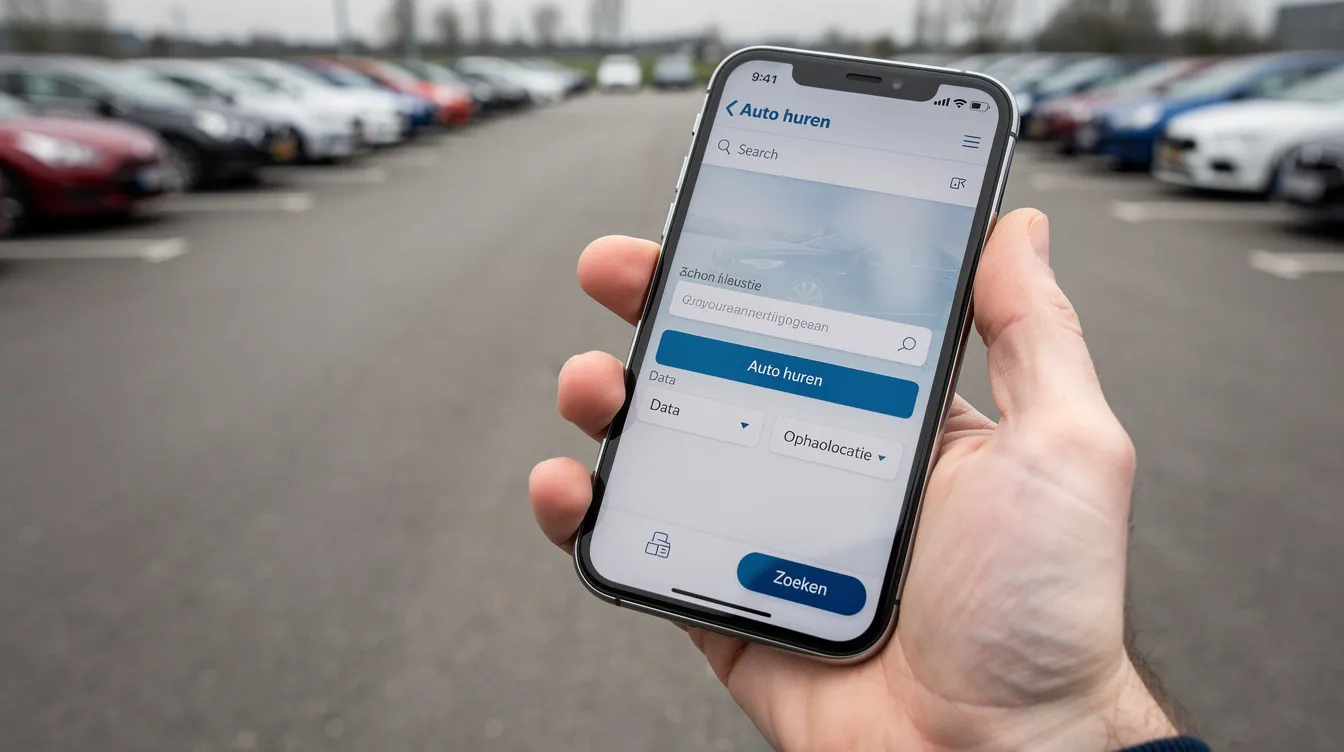 Un smartphone con una búsqueda de alquiler de coches y coches aparcados al fondo.