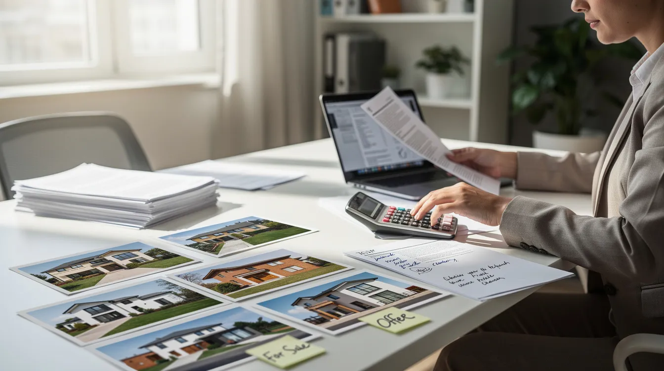 A person is seated at a desk, reviewing various documents and using a calculator, while property photos are spread out around them. This scene reflects the process of private money lending, as the individual evaluates potential real estate investments and loan terms.