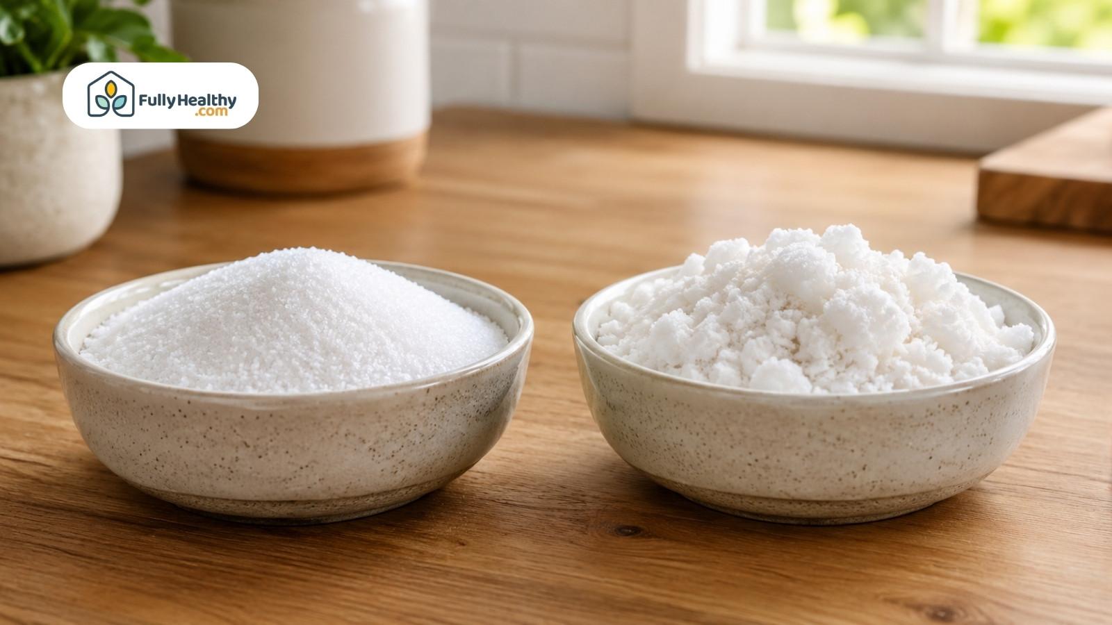 Fresh fine salt compared with clumped older salt in ceramic bowls on countertop
