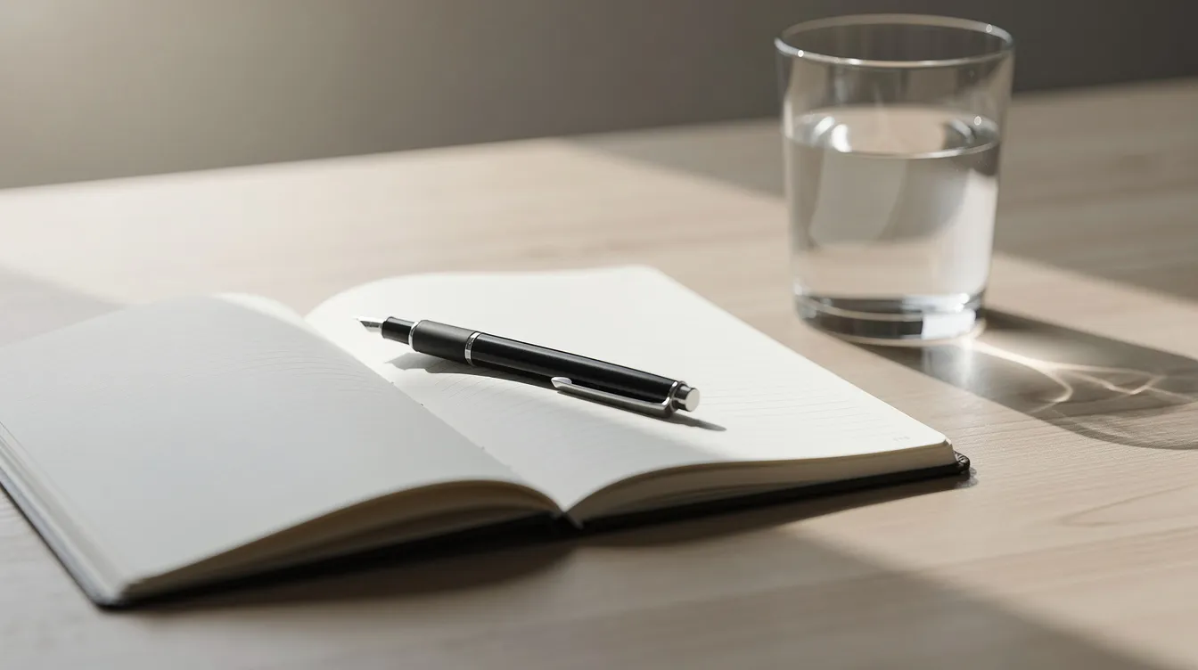 An open journal with a pen rests on a clean wooden desk, accompanied by a glass of water, creating a serene workspace ideal for planning or jotting down thoughts. This setting reflects a daily routine that could include reviewing the health benefits of gummy supplements, like lion's mane mushroom gummies, known for enhancing cognitive function and well-being.