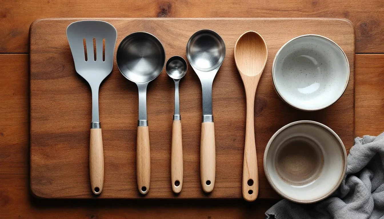 Na drewnianej desce leżą nowoczesne akcesoria kuchenne, które wyróżniają się eleganckim designem i praktycznym zastosowaniem. To doskonały wybór na świąteczny prezent dla żony, który z pewnością wywoła uśmiech i sprawi jej radość w domowym zaciszu.