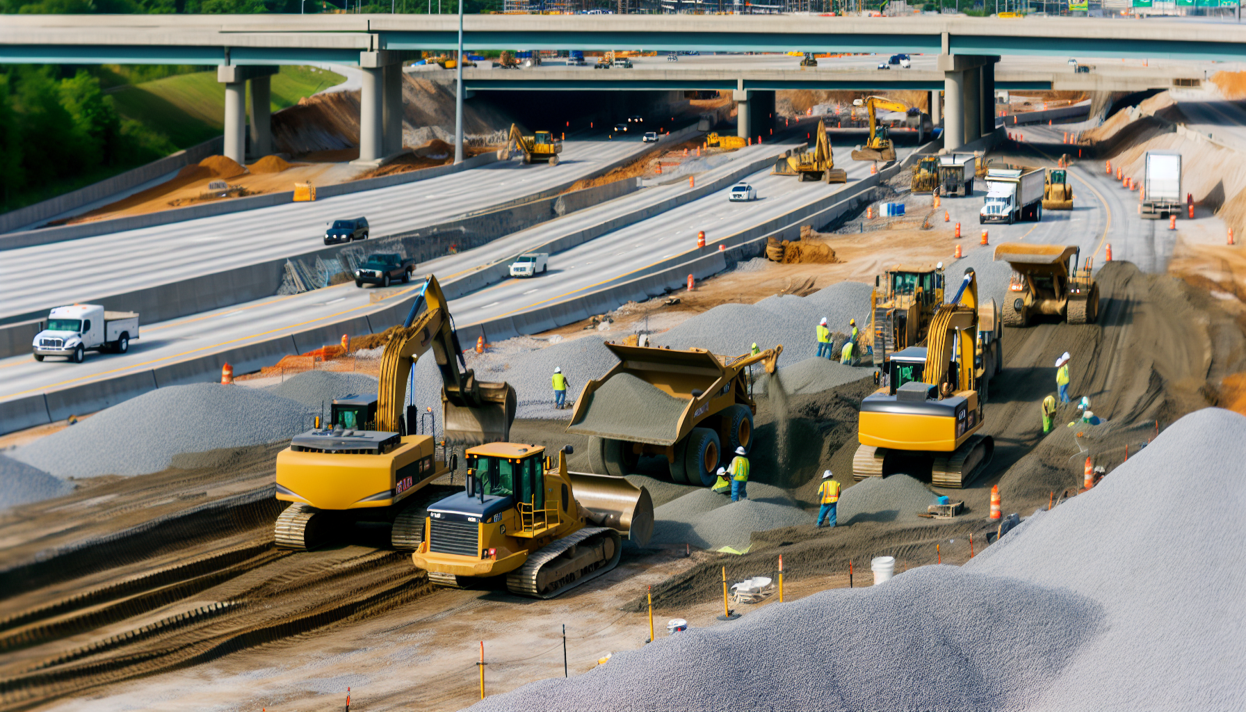 Interstate highway construction with heavy machinery and construction aggregates