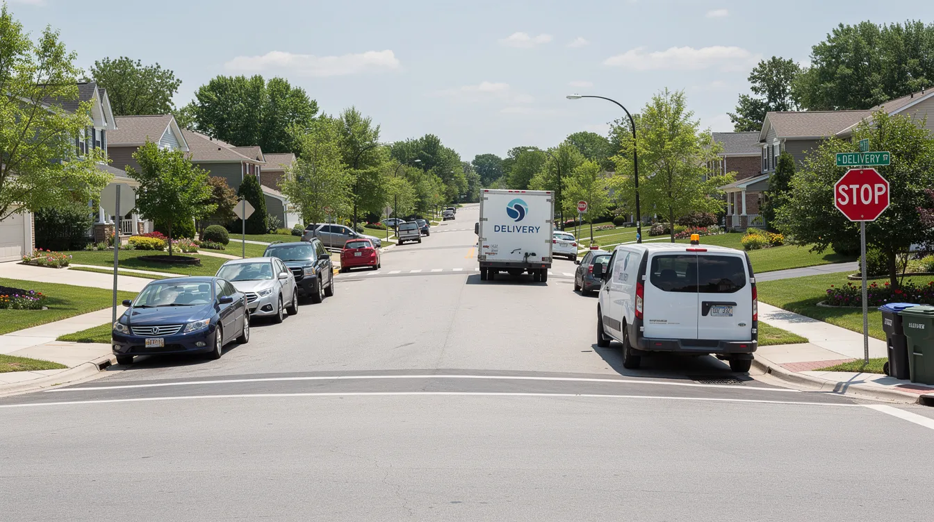 The image depicts a residential street intersection in a suburban neighborhood, featuring delivery vehicles and parked cars along the curb. This scene highlights the potential for truck accidents and the importance of having experienced personal injury lawyers in Conroe, Texas, to assist those affected by vehicle collisions.
