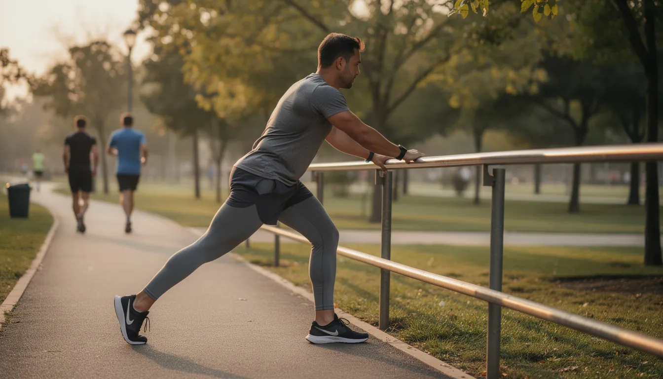 A person is performing a calf stretch exercise outdoors near a walking path, focusing on their calf muscles to alleviate tightness that may contribute to achilles tendon pain. This exercise routine is beneficial for preventing injuries such as achilles tendonitis and improving overall flexibility in the lower leg.