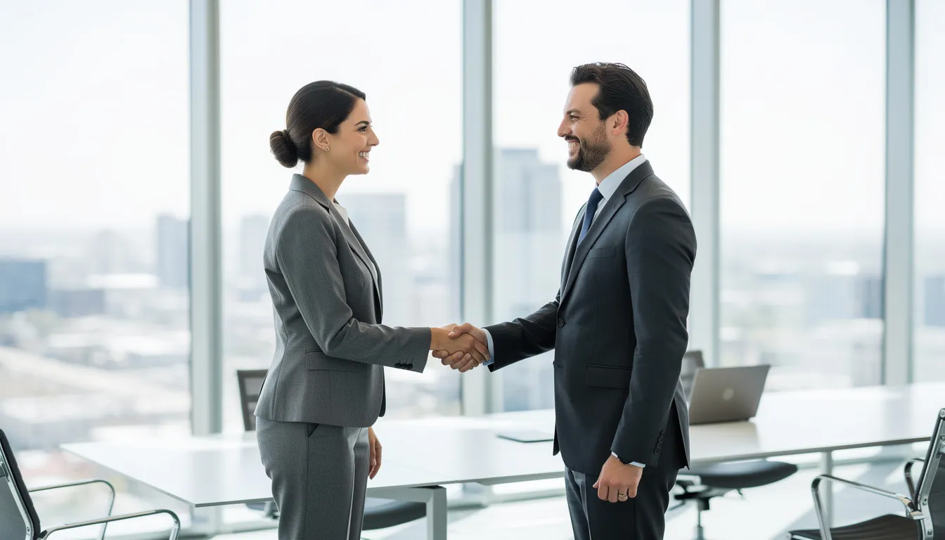 In an office setting, two business professionals are engaged in a handshake, symbolizing a partnership or agreement. This scene represents the collaboration often seen in digital marketing agencies, emphasizing the importance of building relationships in delivering effective marketing services.