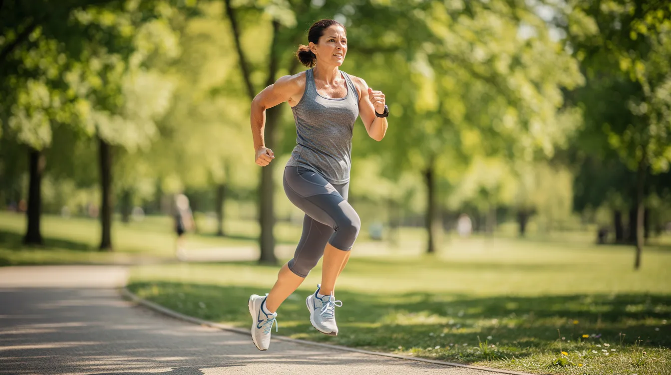 A person in their 40s is exercising outdoors, exuding energy and vitality, which suggests a focus on healthy aging and wellness goals. Engaging in physical activity can support cellular health and energy production, potentially enhanced by taking NAD supplements for optimal metabolic health.