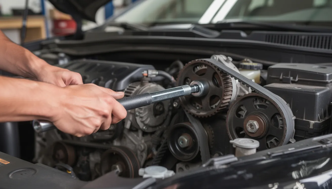 The image shows hands using a serpentine belt tool to release tension on a belt tensioner, which is part of a vehicle's engine system. This action is essential for maintaining the drive belt, ensuring optimal performance and preventing wear on the equipment.