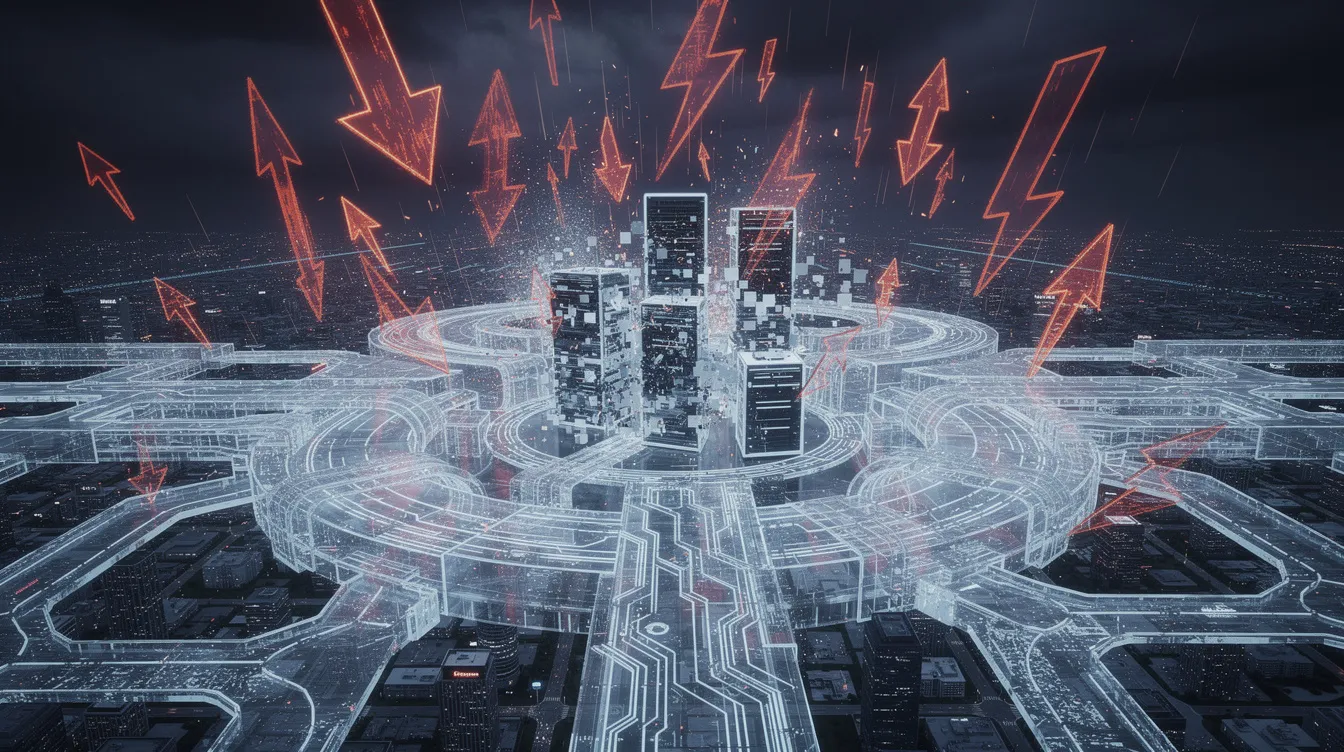 This high-resolution image depicts a vast 3D network architecture of glowing blue and white data lines, symbolizing a city's digital infrastructure under siege. Descending from above, fiery red holographic arrows and lightning bolts illustrate a massive cyberattack in progress, targeting a distorted central system amidst a striking contrast of cool and hot colors.