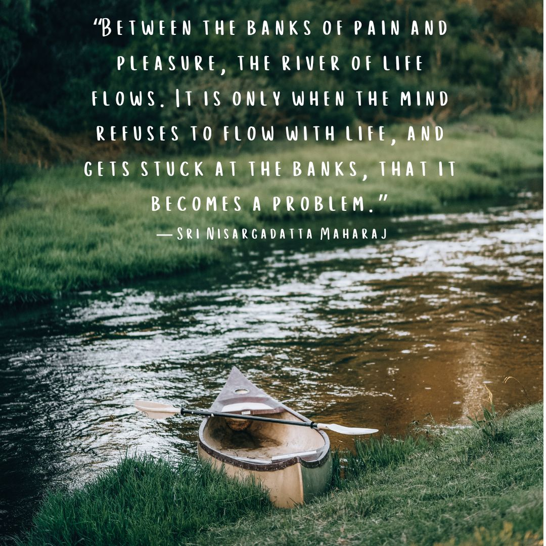 Quote “Between the banks of pain and pleasure, the river of life flows. It is only when the mind refuses to flow with life, and gets stuck at the banks, that it becomes a problem.” — Sri Nisargadatta Maharaj