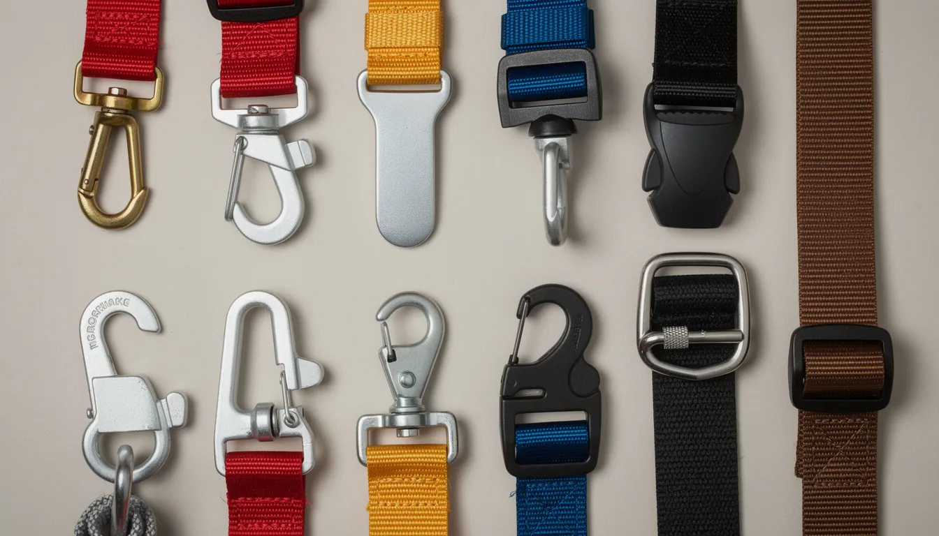 A close-up image displays various dog seat belt clips and attachment mechanisms neatly arranged on a surface, highlighting the different designs that ensure the safety and comfort of your furry friend during car journeys. These clips are essential for keeping your pet secure and minimizing driver distraction while traveling in a vehicle.