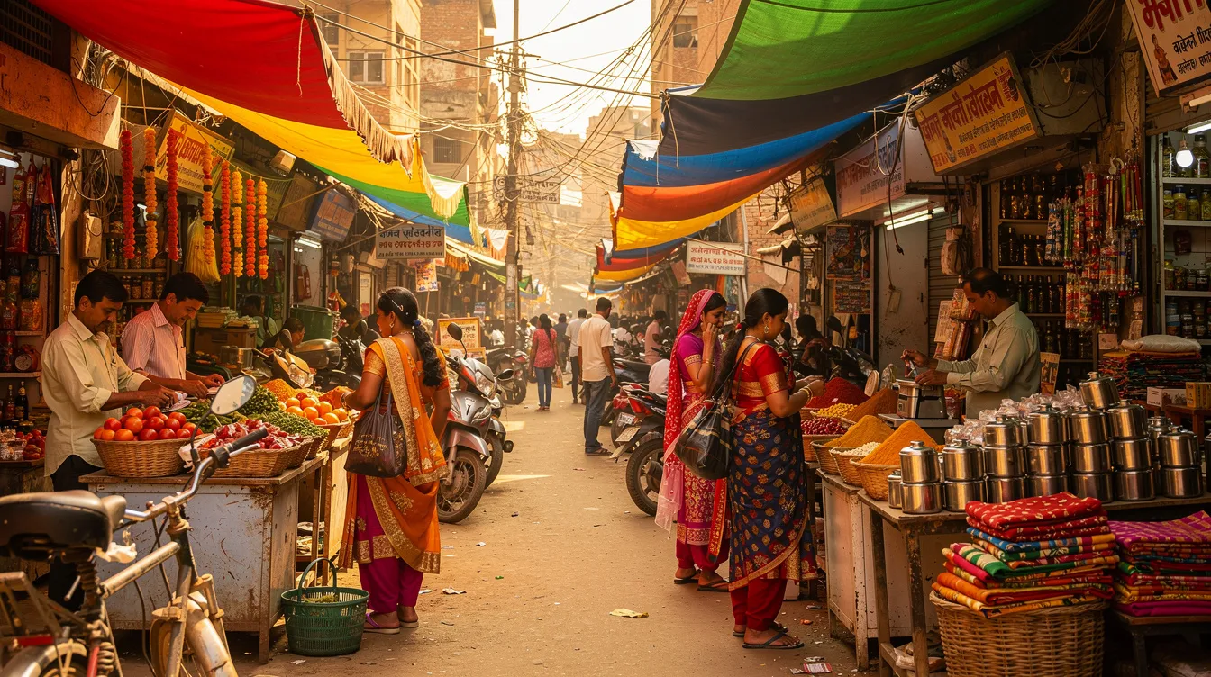 The image depicts a vibrant Indian street market bustling with small shop owners engaging with customers, showcasing a variety of colorful goods. This lively scene reflects the entrepreneurial spirit often supported by financial institutions through schemes like the Pradhan Mantri Mudra Yojana, which provides mudra loans to small and micro enterprises.