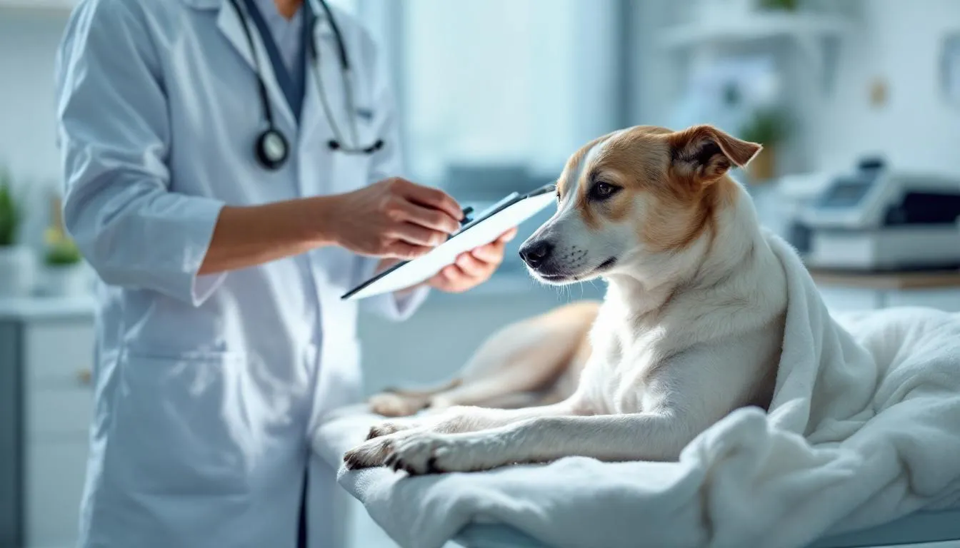 A veterinarian is carefully examining a dog