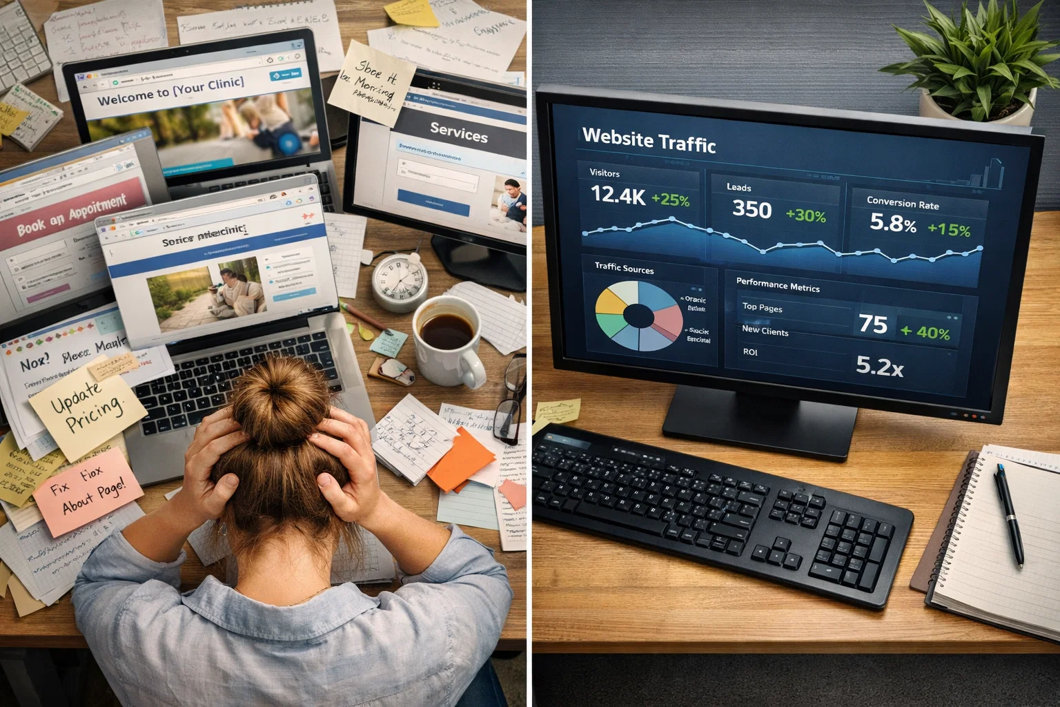 Frustrated dentist managing SEO alone, surrounded by messy tabs and notes, contrasted with a professionally managed site showing better results.