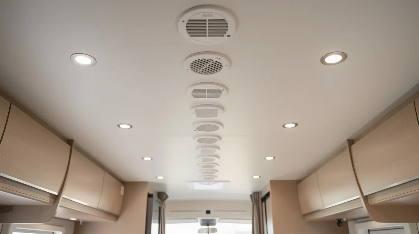 The image shows the interior ceiling of an RV, featuring multiple small air vents spaced along a hallway, designed for efficient air distribution from the RV air conditioners. This setup helps maintain a comfortable temperature by allowing cool air to flow throughout the interior space.