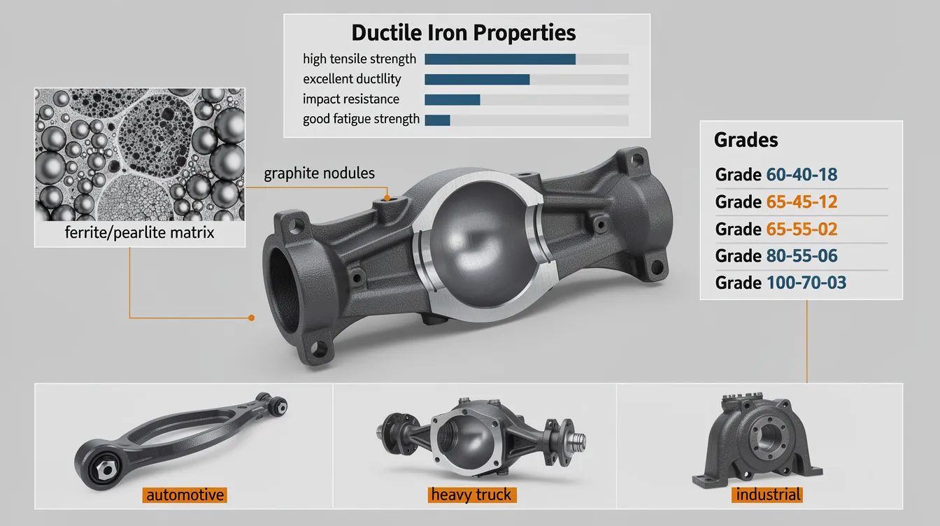 The image illustrates various grades and properties of ductile iron material, highlighting its excellent tensile strength and impact resistance. It emphasizes the benefits of ductile iron castings in industrial applications, showcasing its fine grain size and ability to manage surface wear effectively.