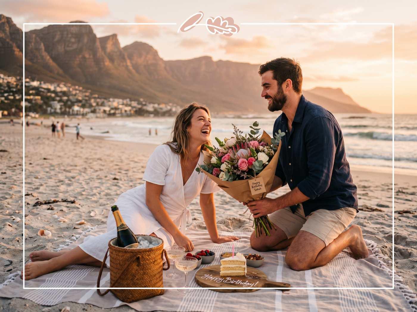 Boyfriend presenting a kraft-wrapped birthday bouquet from Fabulous Flowers to his laughing girlfriend on a Camps Bay beach picnic with Twelve Apostles in the background