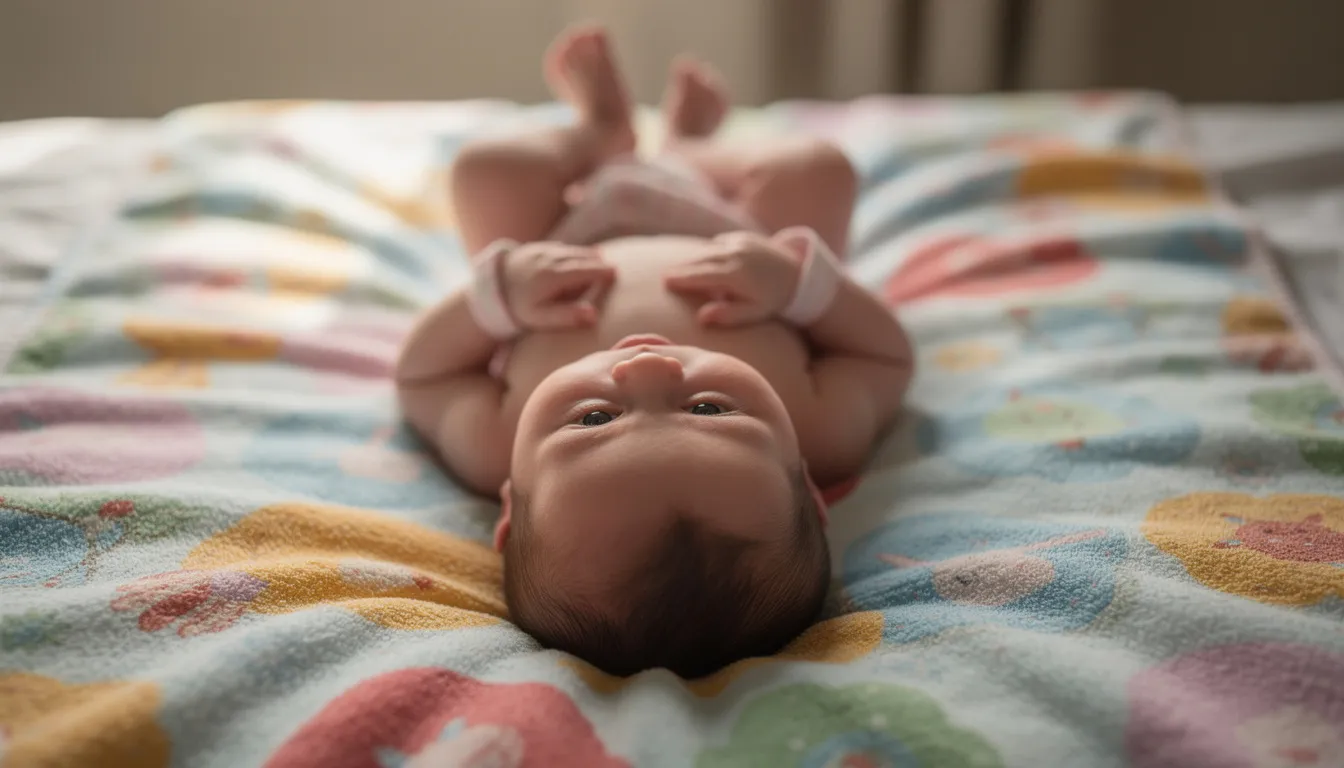 Na kolorowym kocyku leży niemowlę na plecach, z główką ułożoną centralnie, co sprzyja symetrycznemu ustawieniu i prawidłowemu rozwojowi motorycznemu dziecka. Wczesna interwencja w przypadku podejrzenia asymetrii ułożeniowej jest kluczowa dla harmonijnego rozwoju malucha.