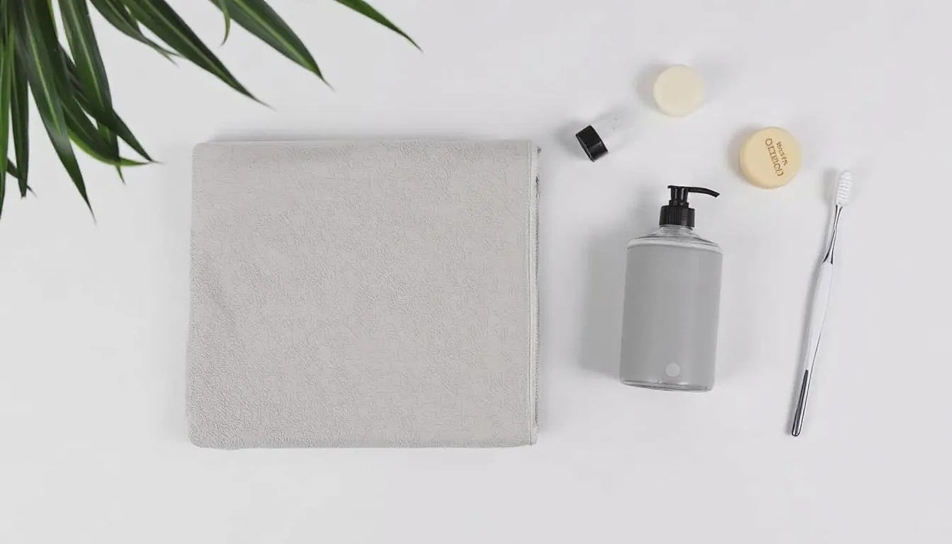 Une serviette compacte pliée, accompagnée d'un sac de compression et d'accessoires de voyage, idéale pour la plage ou la piscine. Ce modèle haut de gamme, fabriqué en coton doux, allie confort et style, parfait pour vos escapades estivales.