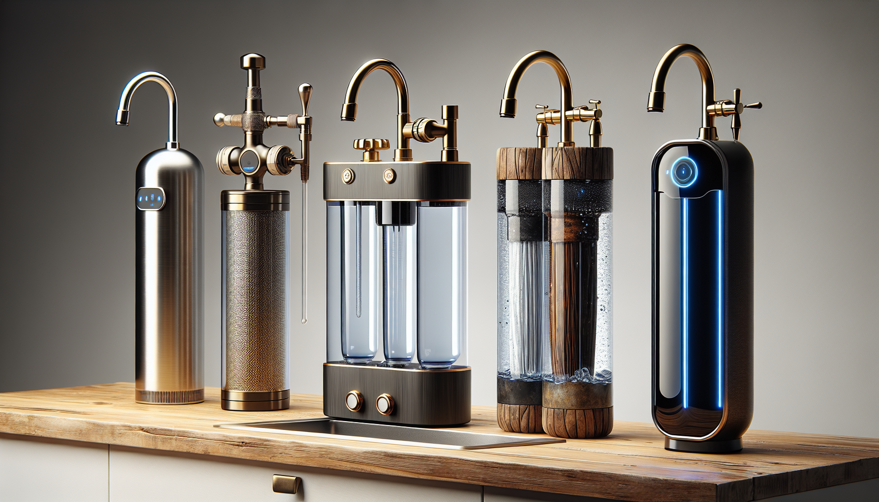 Variety of water filter designs for kitchen taps
