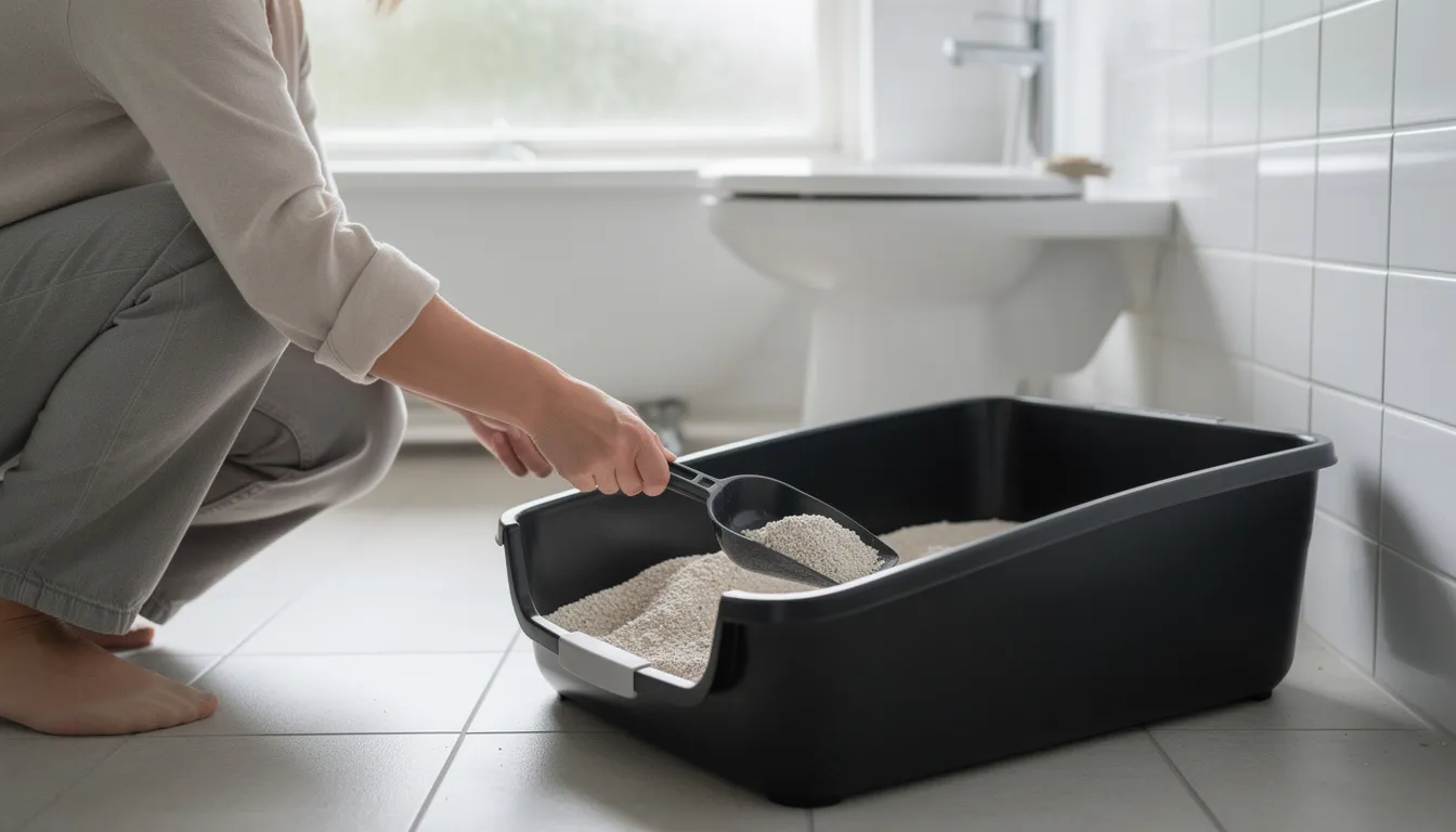 Een persoon maakt een zwarte kattenbak schoon met een stevig kattenbakschepje in een lichte badkamer. De schone kattenbak zorgt voor een hygiënische omgeving, ideaal voor meerdere katten.