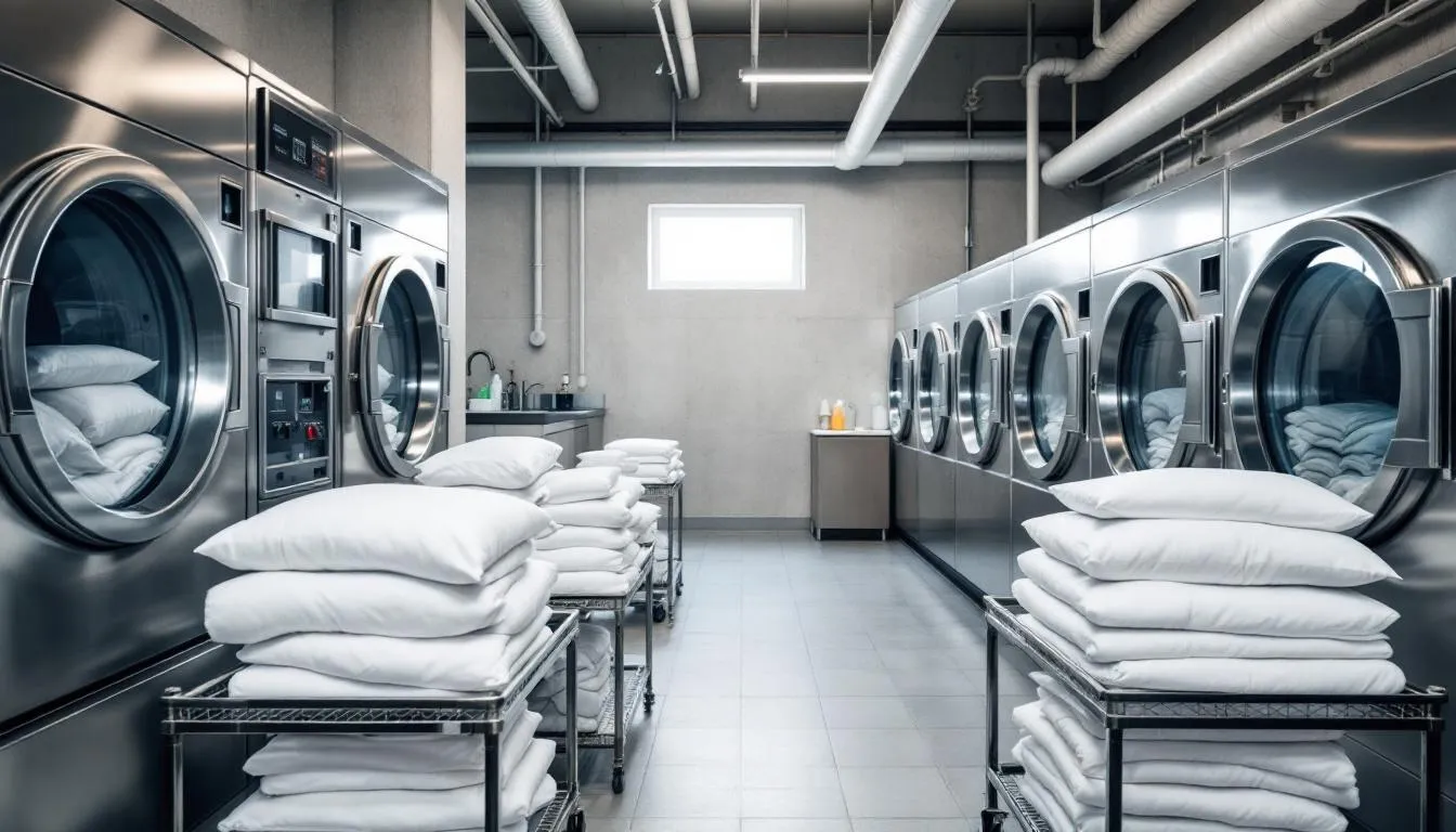 The image depicts a hotel laundry facility featuring several commercial washing machines, neatly arranged folded linens, including flat sheets and bath towels, ready for use in guest rooms. This on-site laundry facility is essential for maintaining the linen par level and ensuring a quick laundry turnaround time to meet the needs of occupied rooms.