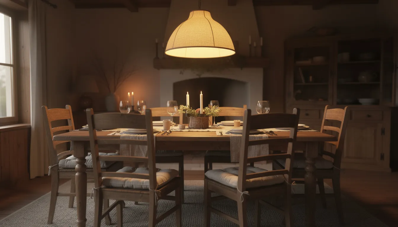 Een gedekte landelijke eettafel met stijlvolle eetkamerstoelen en een sfeervolle hanglamp erboven, die een warme uitstraling en gezelligheid in de eetkamer creëert. Deze nieuwe landelijke eettafel is een echte eyecatcher en perfect voor het samenzijn met familie en vrienden.