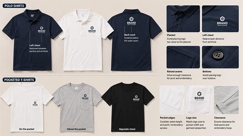 Polo shirts and pocketed T-shirts showing left chest, back neck, on-pocket, above-pocket, and opposite-chest logo placement options